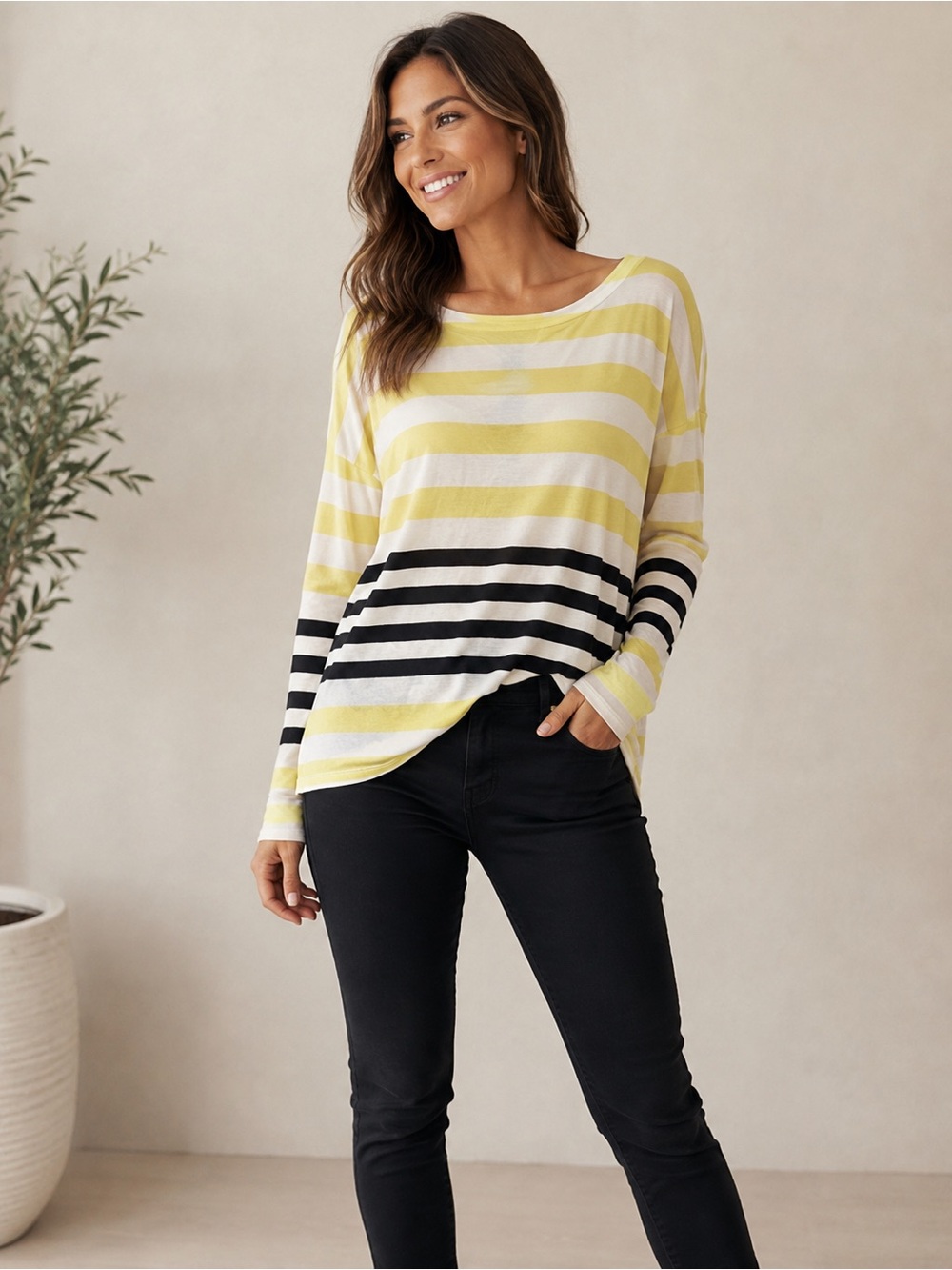 LOFT Ann Taylor Striped Long Sleeve Top Yellow Black White Size M